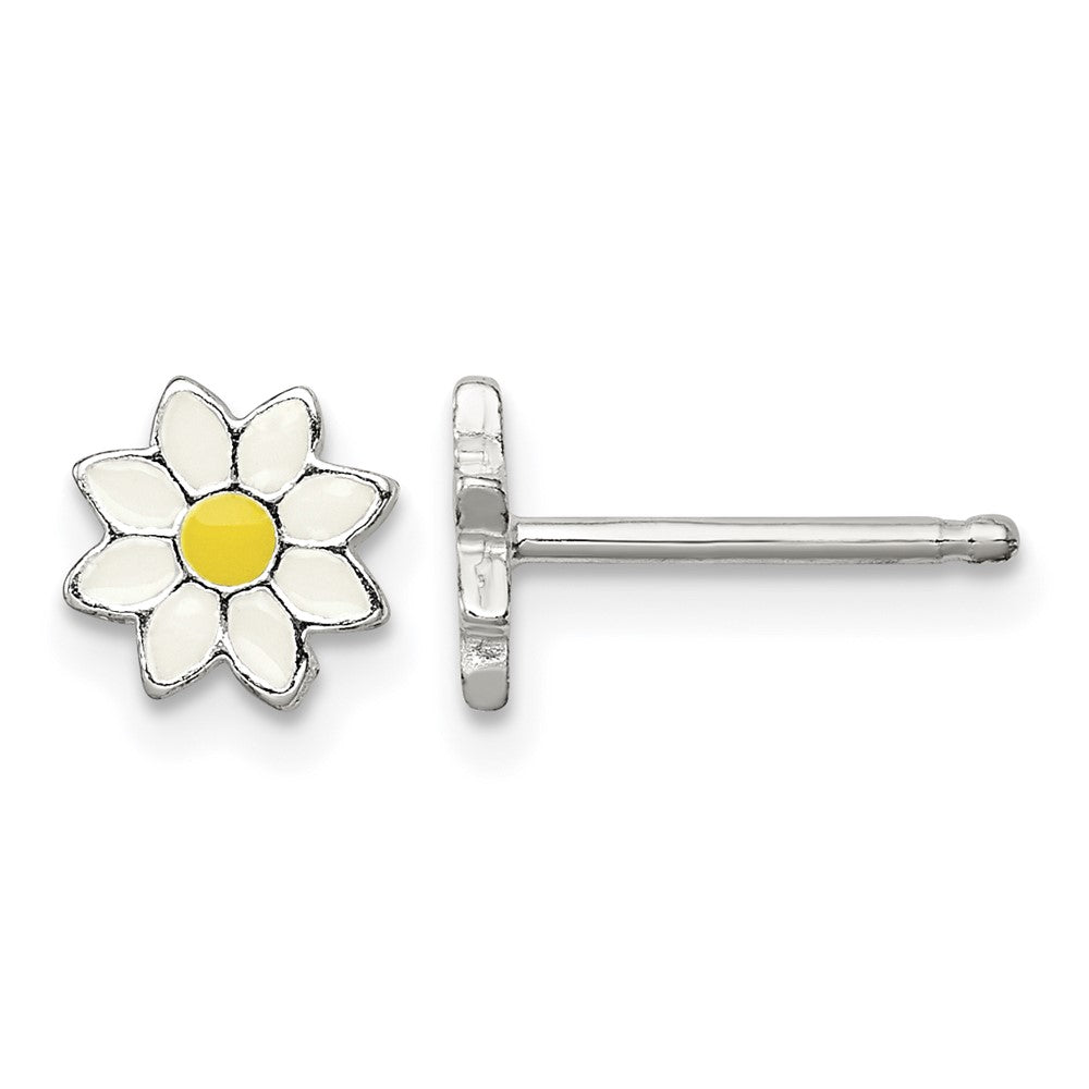 Sterling Silver Polished White/Yellow Enameled Flower Post Earrings