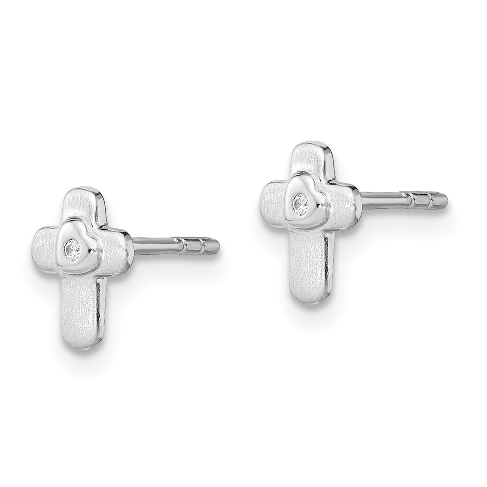 Sterling Silver RH-plated Polished CZ Cross Children's Post Earrings