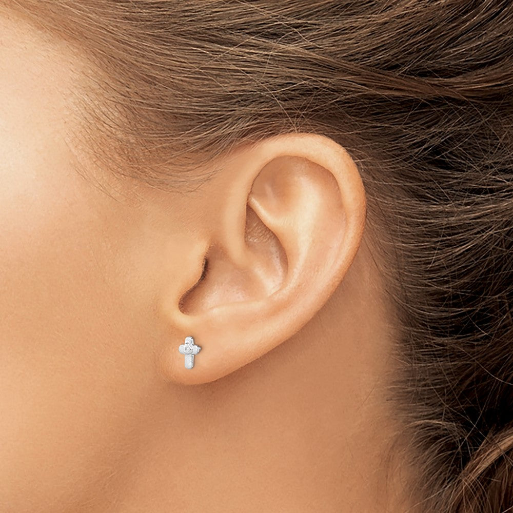 Sterling Silver RH-plated Polished CZ Cross Children's Post Earrings