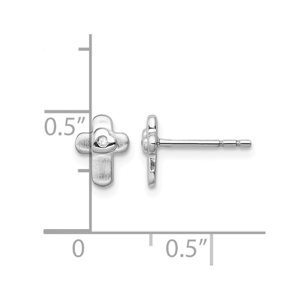Sterling Silver RH-plated Polished CZ Cross Children's Post Earrings