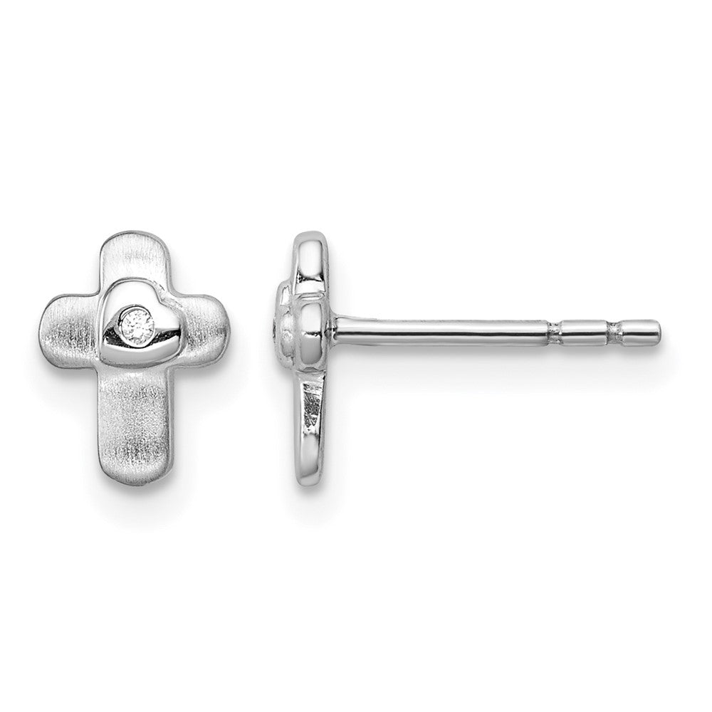 Sterling Silver RH-plated Polished CZ Cross Children's Post Earrings