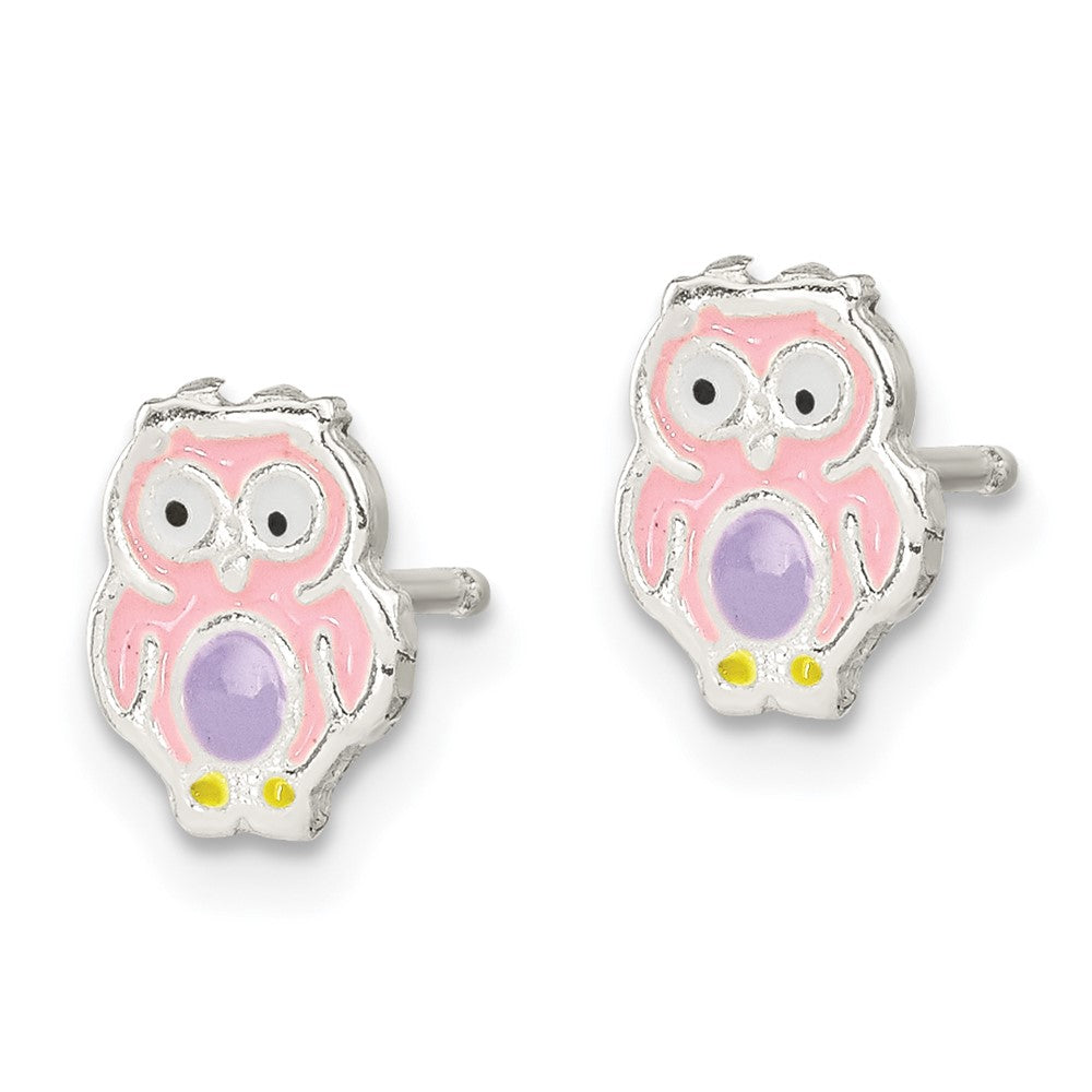 Sterling Silver Polished & Enameled Multi-color Owl Post Earrings