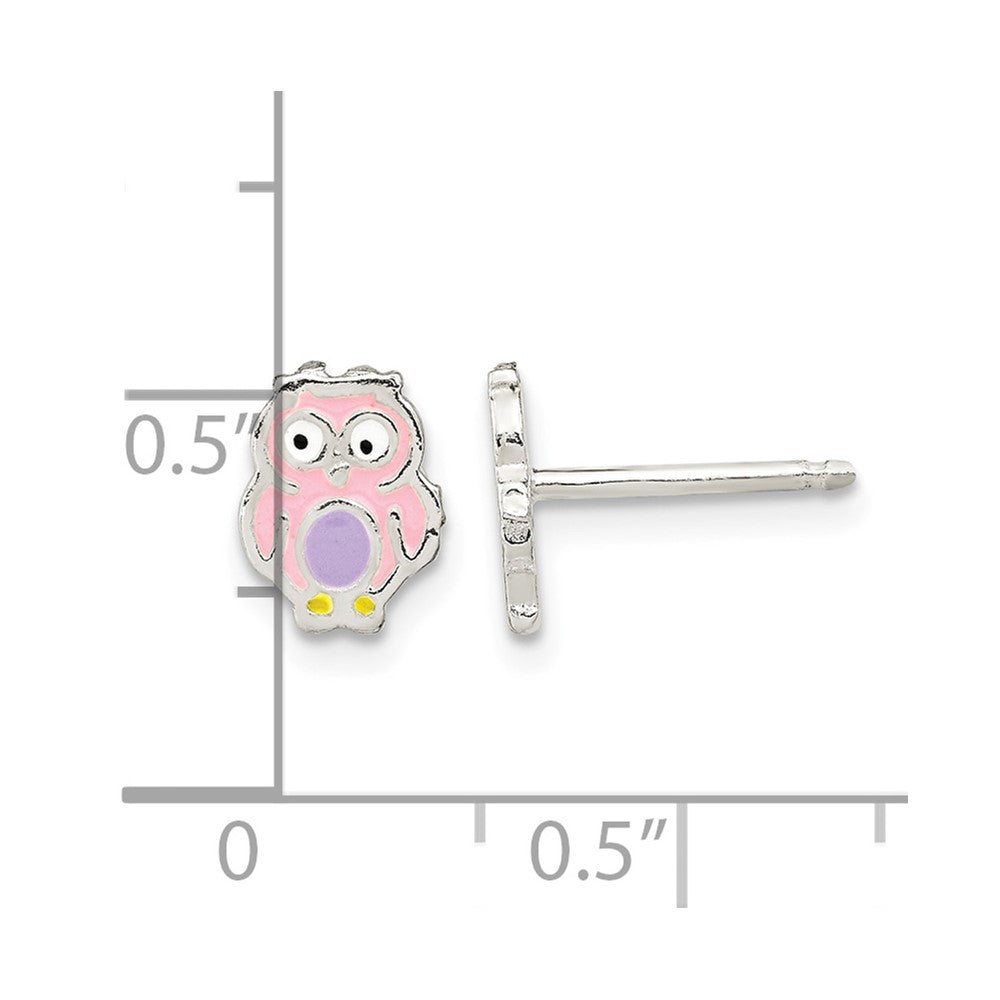 Sterling Silver Polished & Enameled Multi-color Owl Post Earrings