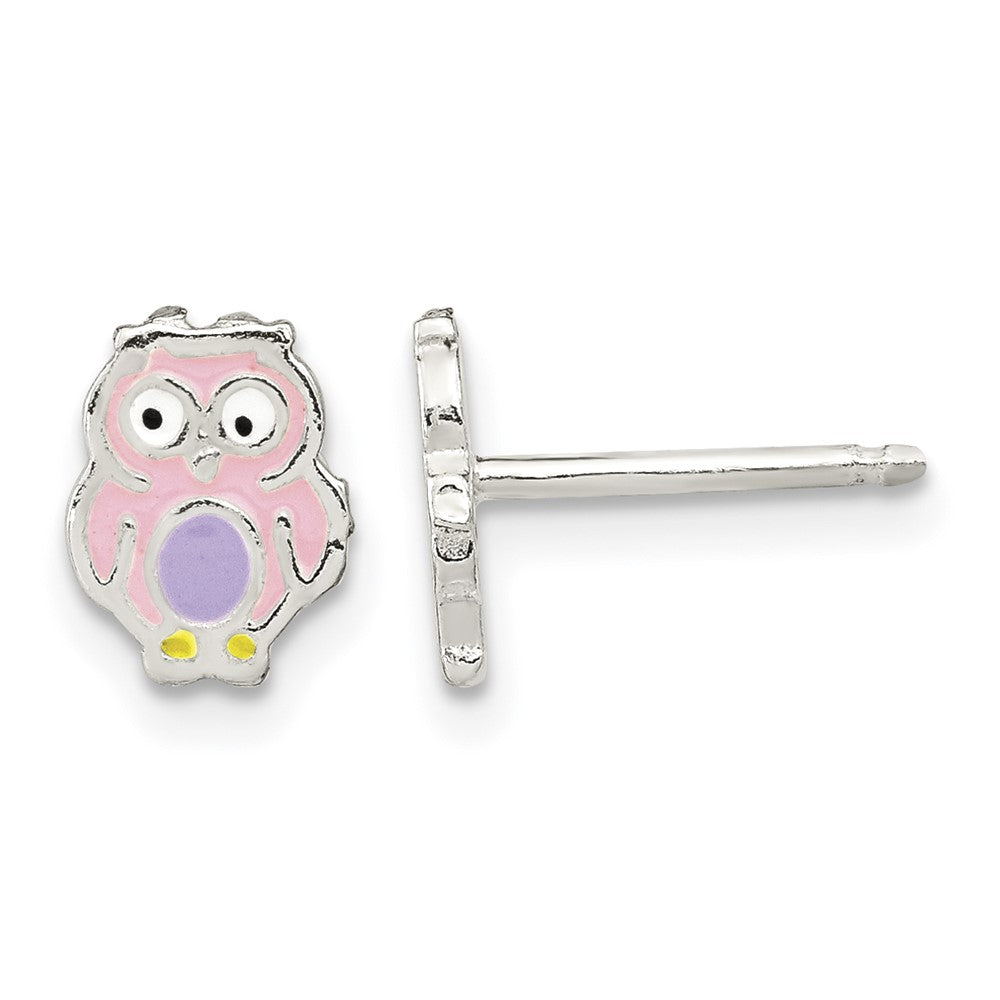 Sterling Silver Polished & Enameled Multi-color Owl Post Earrings
