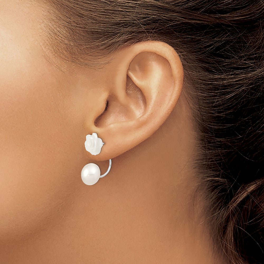 Sterling Silver Rhod-plated 8-9mm FWC Pearl/MOP Flower Front/Back Earrings