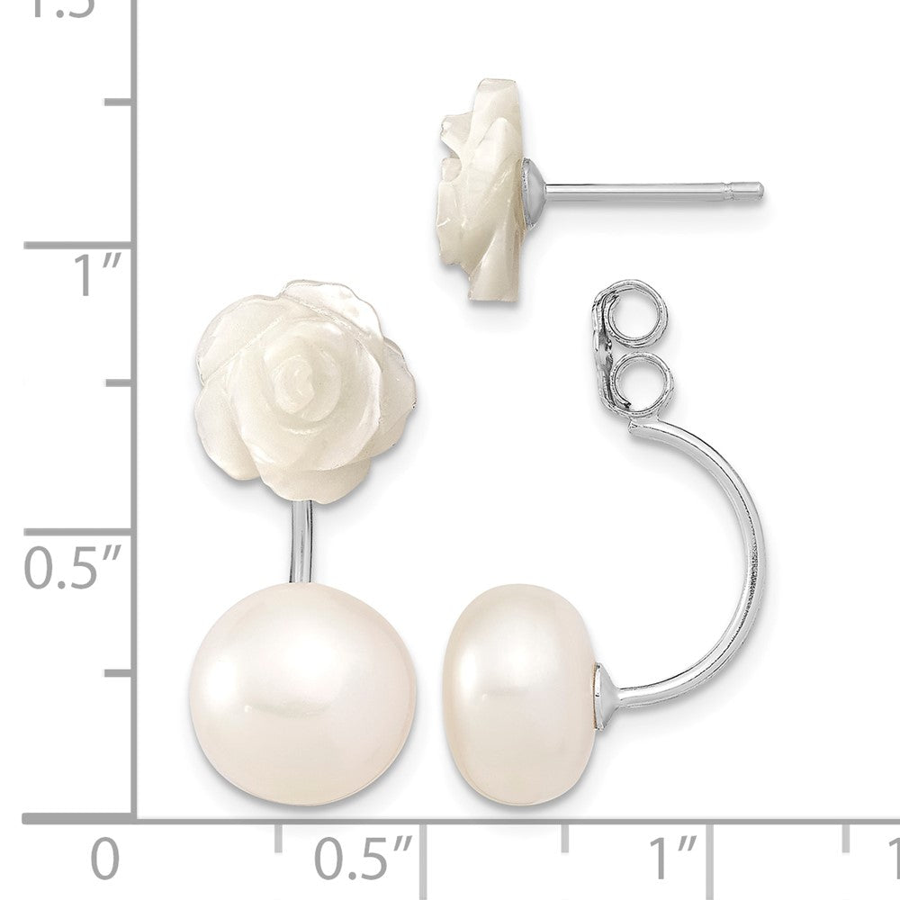 Sterling Silver Rhod-plated 8-9mm FWC Pearl/MOP Flower Front/Back Earrings