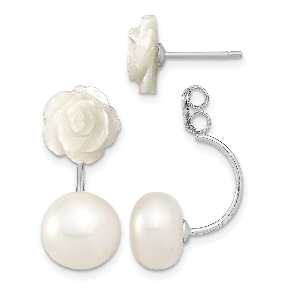 Sterling Silver Rhod-plated 8-9mm FWC Pearl/MOP Flower Front/Back Earrings
