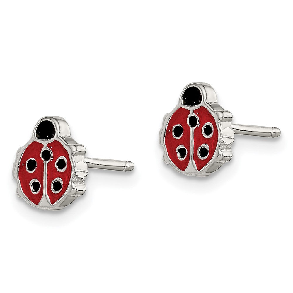 Sterling Silver Polished and Enameled Ladybug Petite Post Earrings