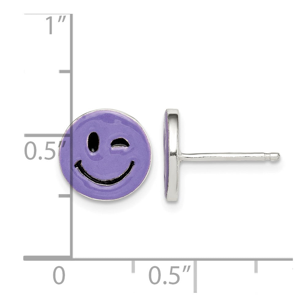 Sterling Silver Purple Enamel Winking Smiley Face Post Earrings