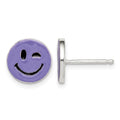 Sterling Silver Purple Enamel Winking Smiley Face Post Earrings