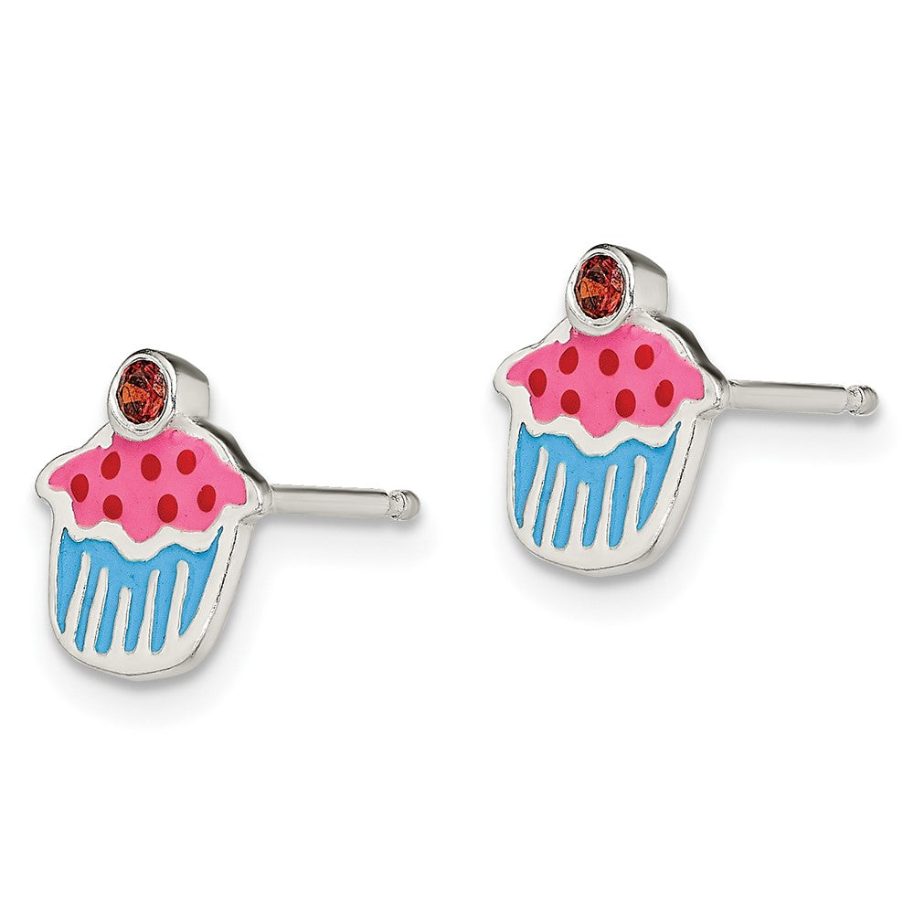Sterling Silver Polished Enamel Garnet Cupcake Post Earrings