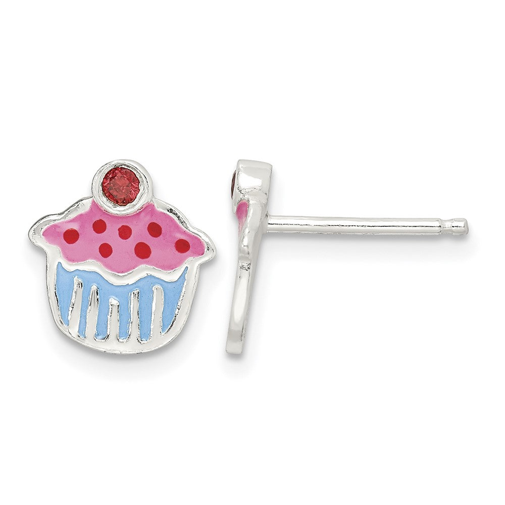 Sterling Silver Polished Enamel Garnet Cupcake Post Earrings