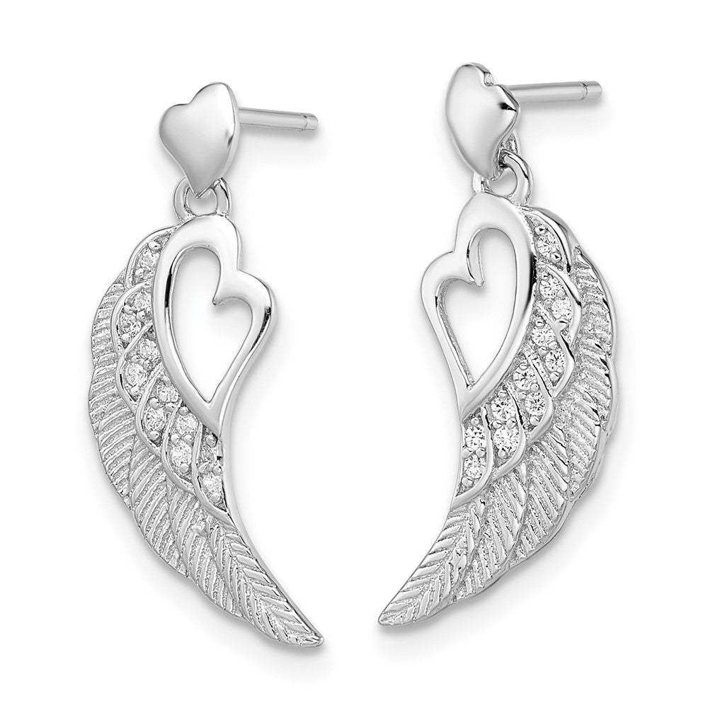 Sterling Silver RH-plated CZ Open Heart Wings Post Dangle Earrings