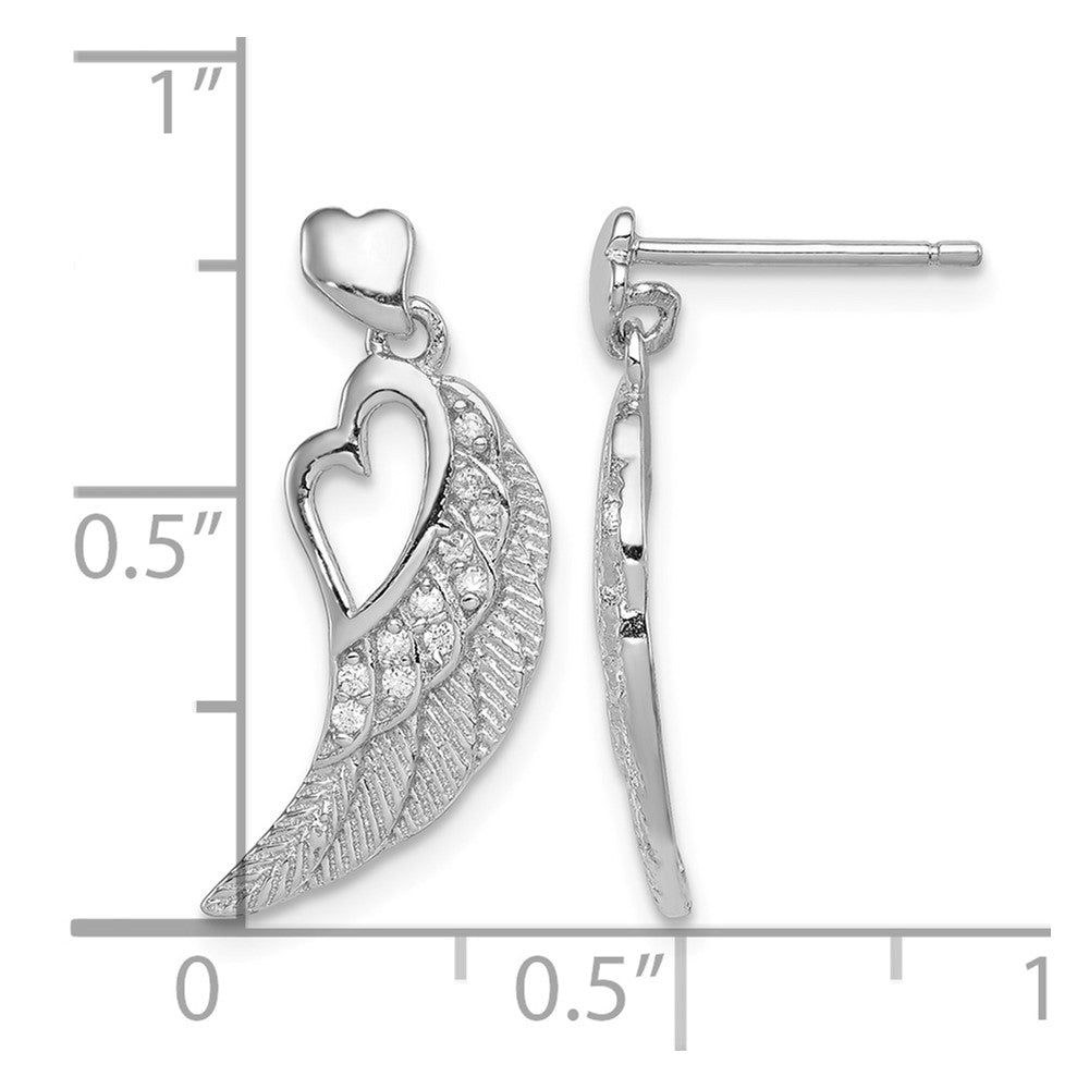 Sterling Silver RH-plated CZ Open Heart Wings Post Dangle Earrings