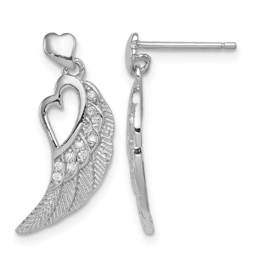 Sterling Silver RH-plated CZ Open Heart Wings Post Dangle Earrings