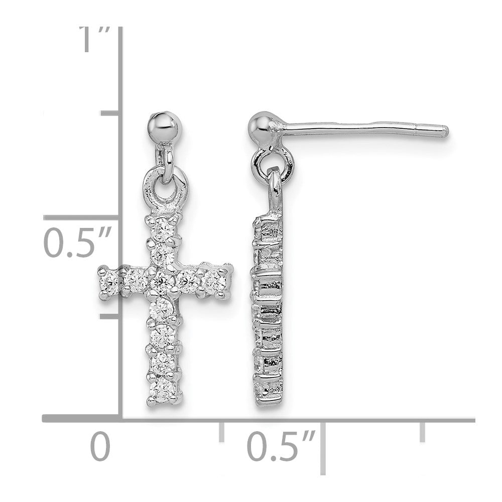 Sterling Silver Rhodium-plated Polished CZ Cross Post Dangle Earrings