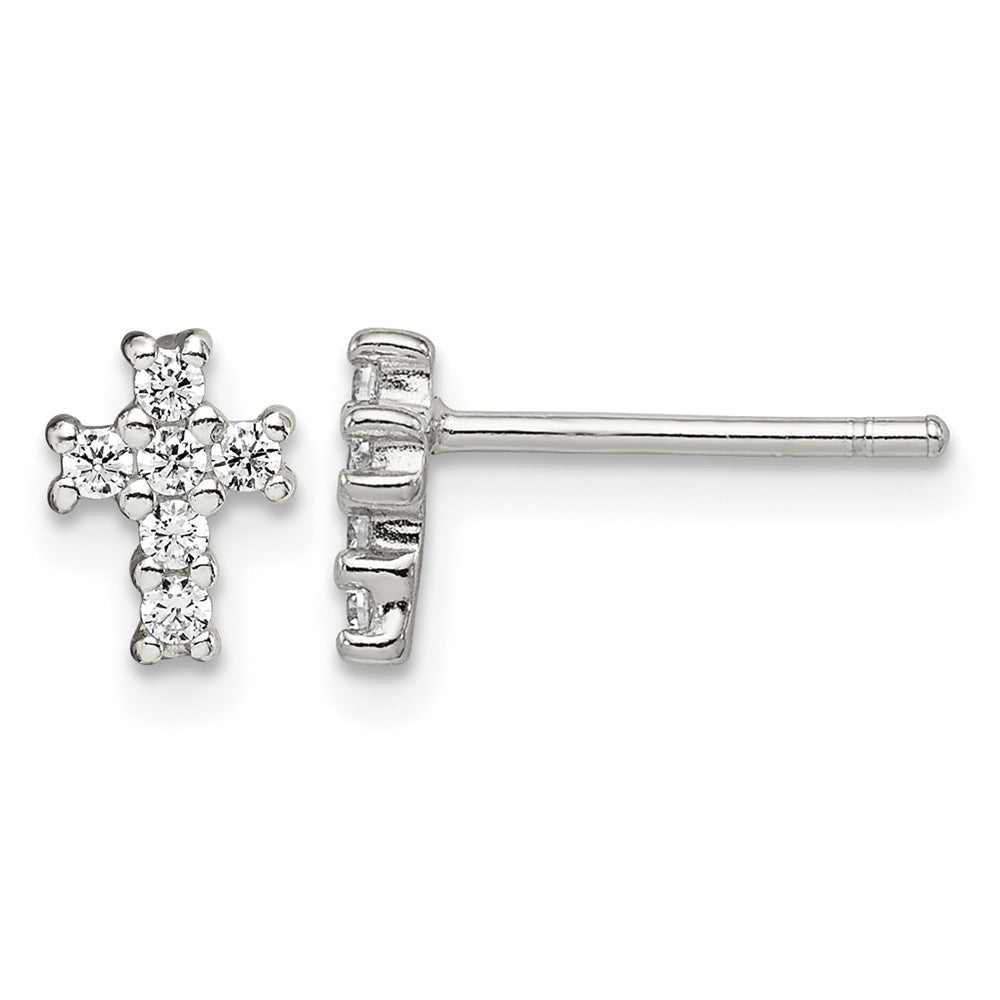 Sterling Silver Rhodium-plated Polished CZ Cross Post Earrings