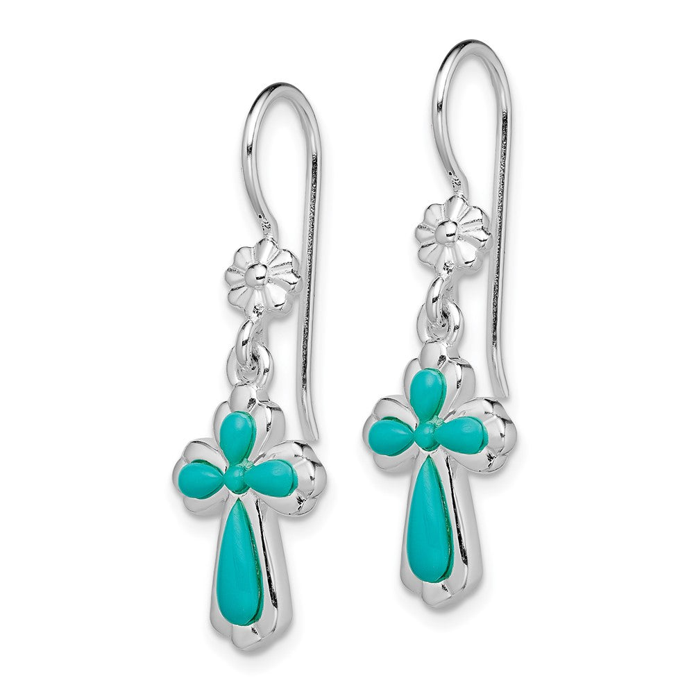 Sterling Silver RH-plated Imitation Turquoise Cross Dangle Earrings
