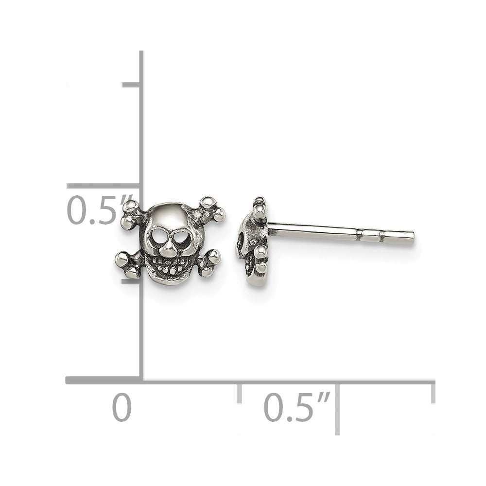 Sterling Silver Polished and Antiqued Skull Post Earrings