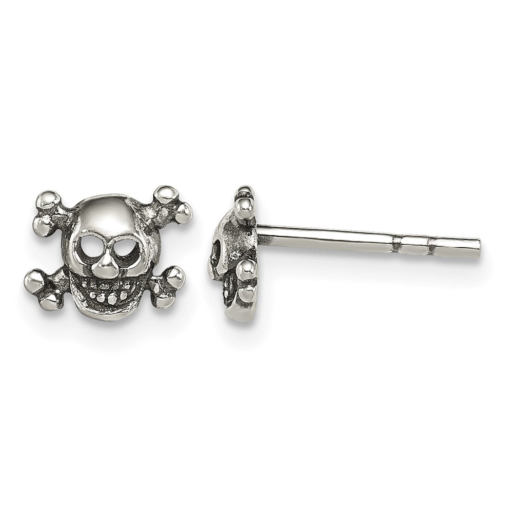 Sterling Silver Polished and Antiqued Skull Post Earrings
