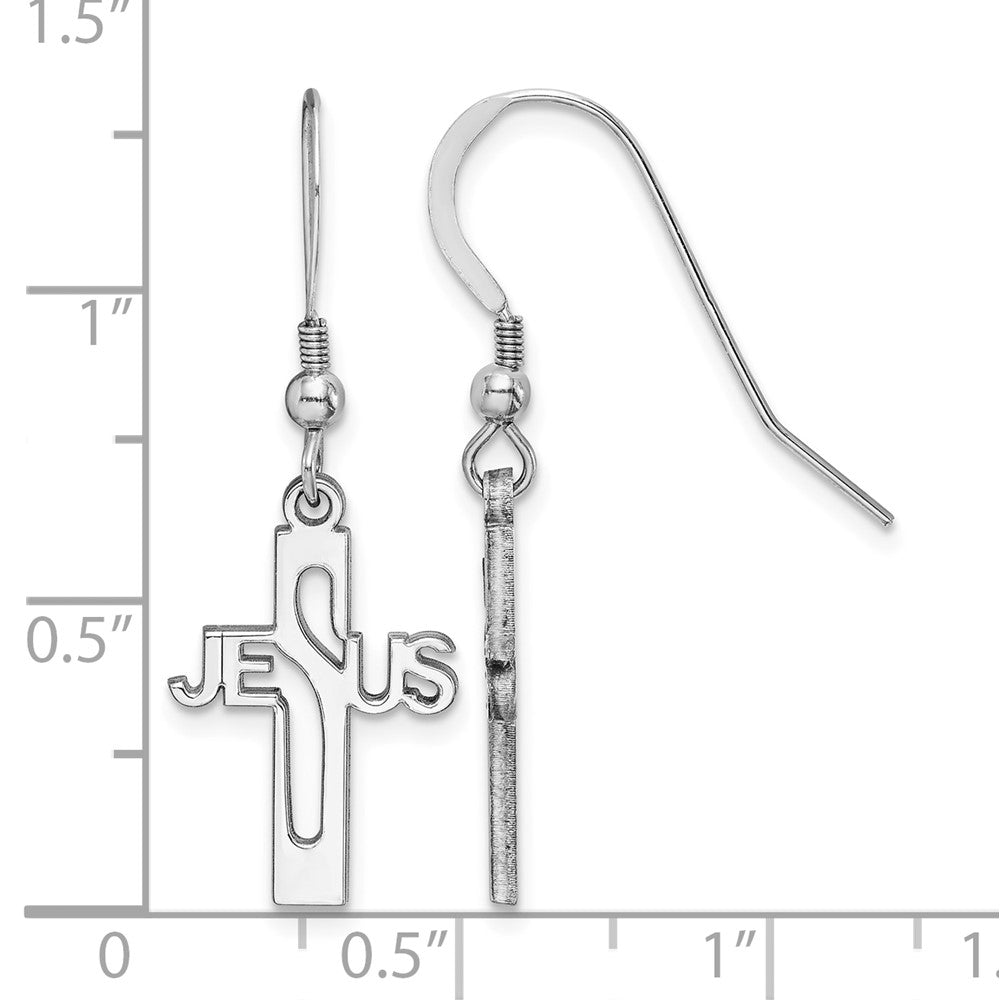Sterling Silver Rhodium-plated Polished JESUS Cross Dangle Earrings