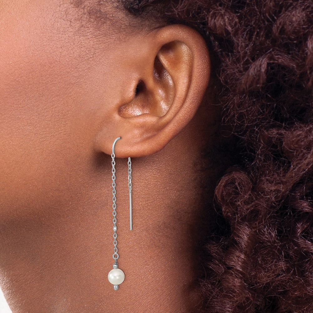 Sterling Silver Rhodium-plated 6-7mm White FWC Pearl Threader Earrings