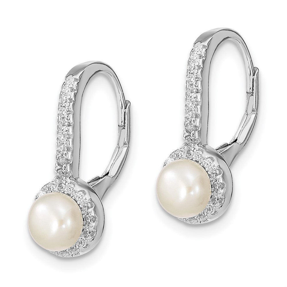 Sterling Silver RH-plated FWC Pearl & CZ Halo Leverback Dangle Earrings