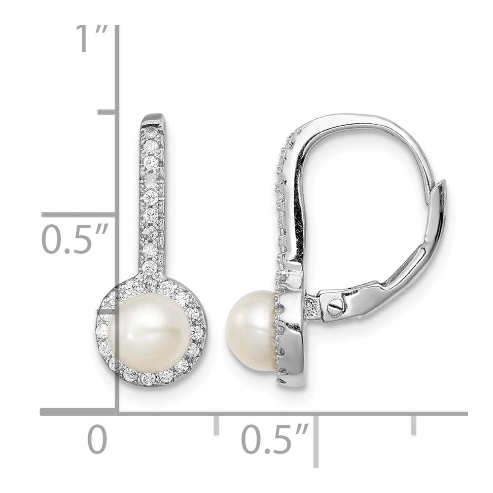 Sterling Silver RH-plated FWC Pearl & CZ Halo Leverback Dangle Earrings