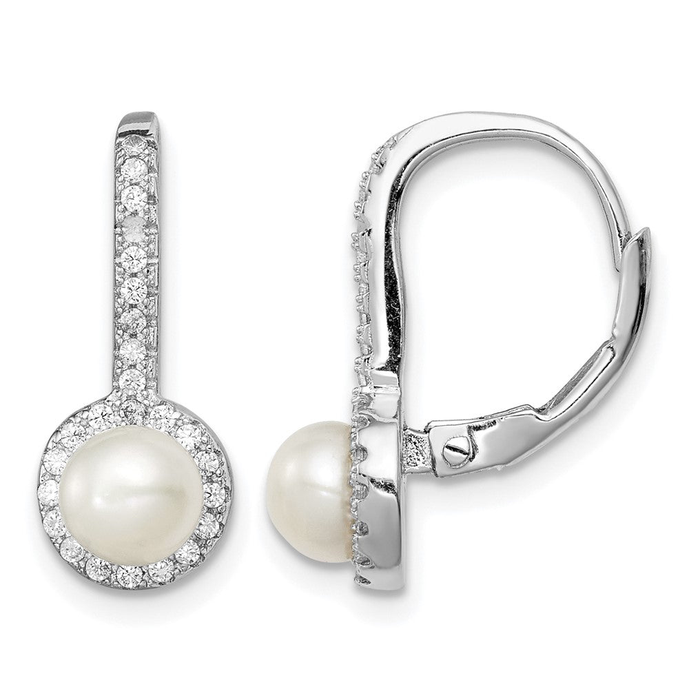 Sterling Silver RH-plated FWC Pearl & CZ Halo Leverback Dangle Earrings