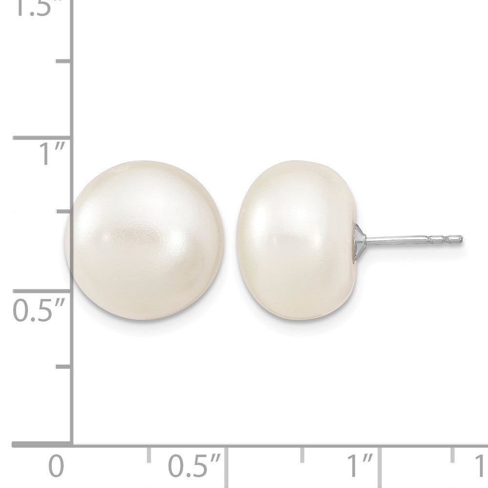 Sterling Silver RH 13-14mm White Button FWC Pearl Post Earrings