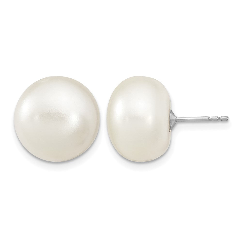 Sterling Silver RH 13-14mm White Button FWC Pearl Post Earrings
