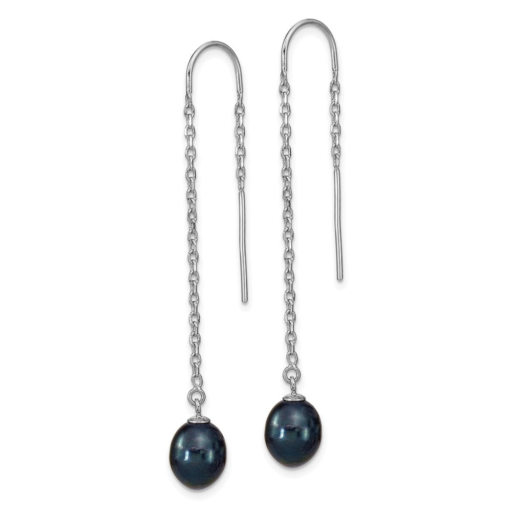 Sterling Silver RH-plated 7-8mm Black FWC Pearl Threader Earrings