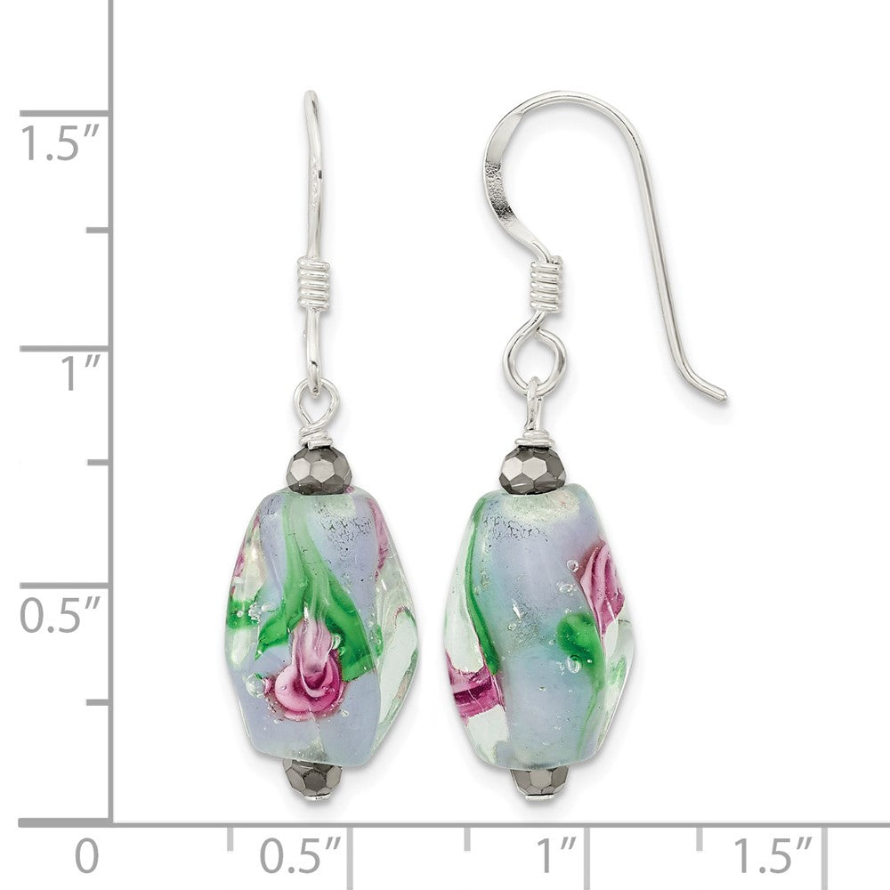 Sterling Silver Polished Hematite & Abstract Glass Dangle Earrings
