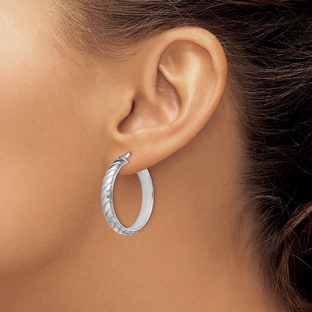 Sterling Silver Rhodium-plated 5x25mm Polished Textured Hoops