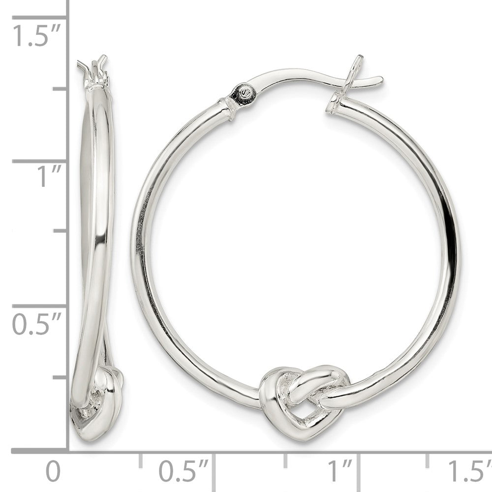 Sterling Silver Polished Heart Knot Round Hoop Earrings