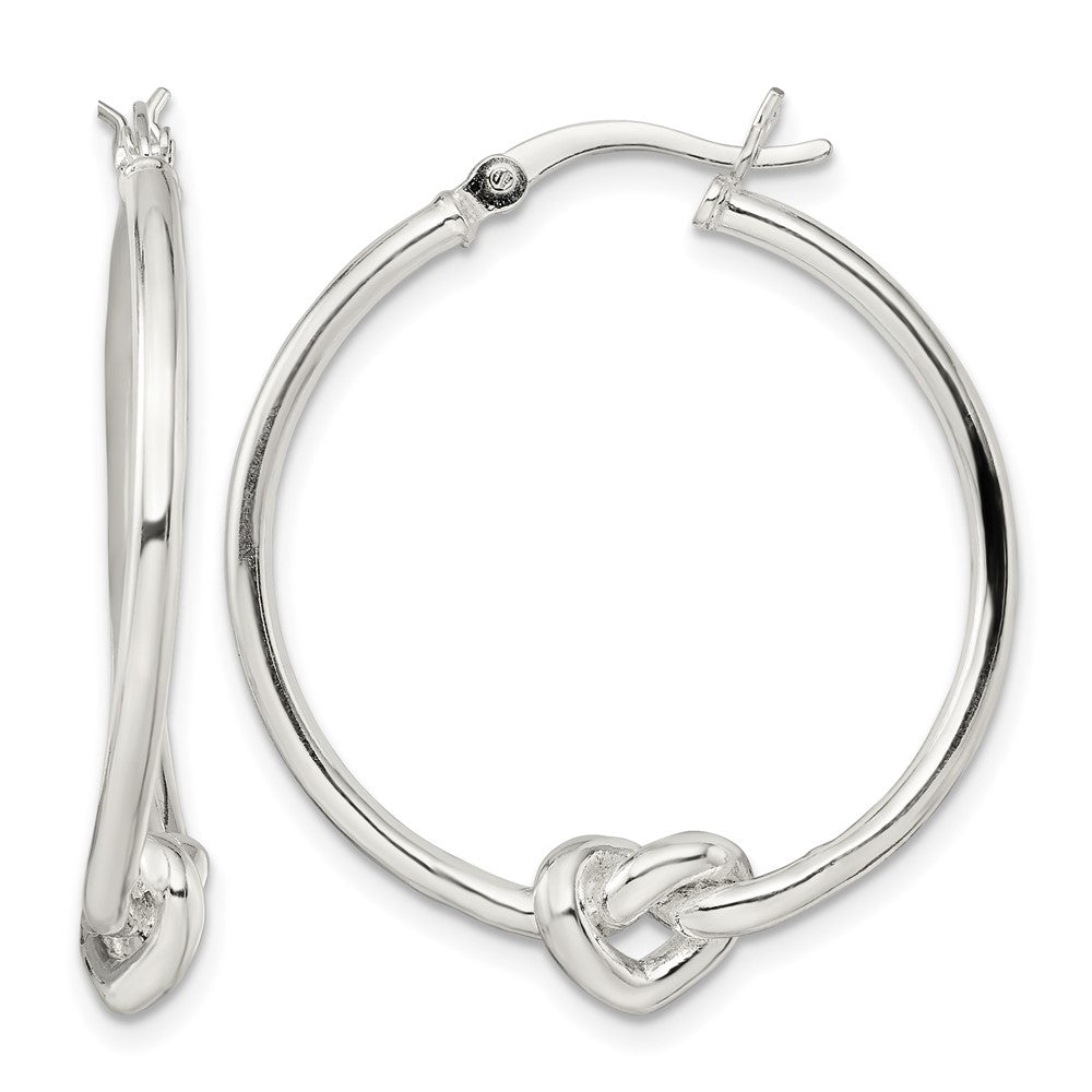 Sterling Silver Polished Heart Knot Round Hoop Earrings