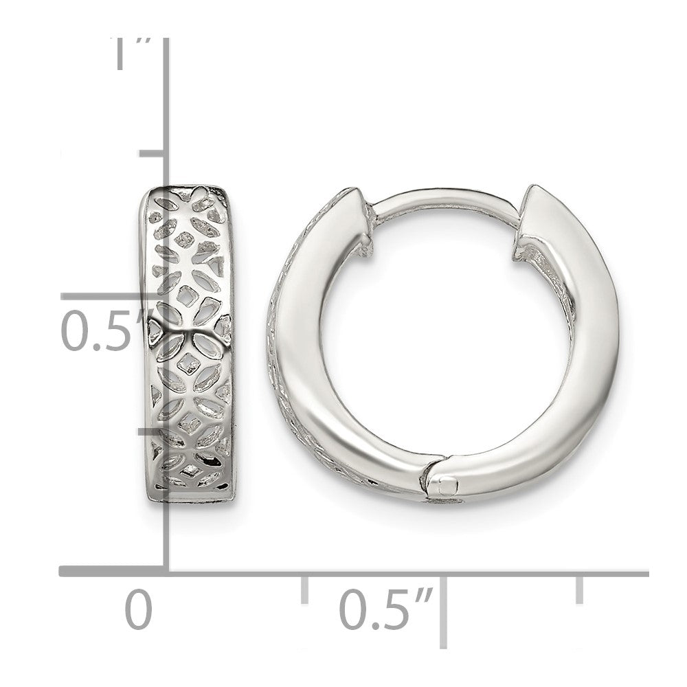 Sterling Silver Polished Cut-out Design Hinged Hoop Earrings