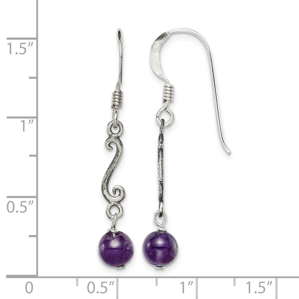 Sterling Silver Polished & Antiqued Amethyst Swirl Dangle Earrings