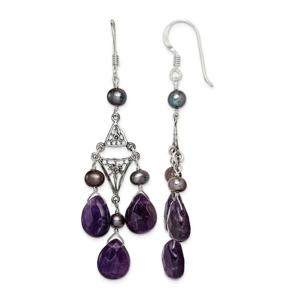 Sterling Silver Antiqued Floral Filigree Amethyst/FWC Pearl Dangle Earrings