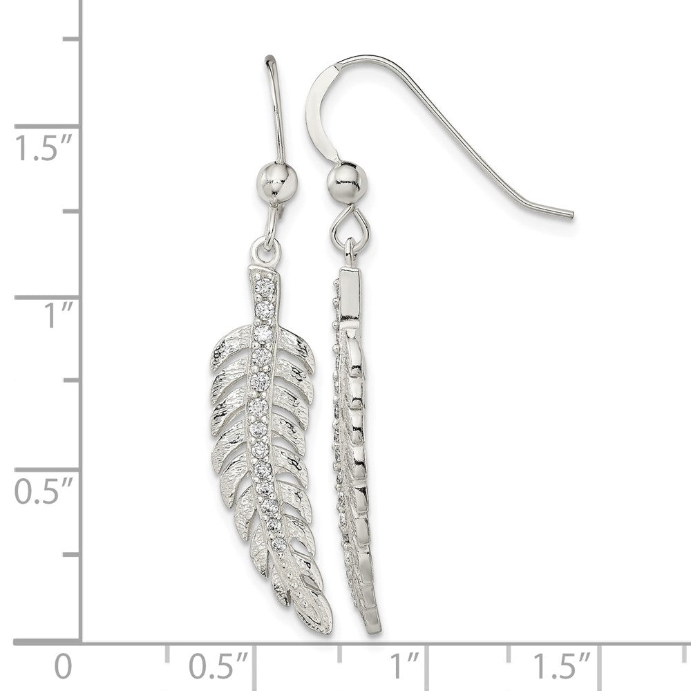 Sterling Silver Textured CZ Feather Shepherd Hook Earrings