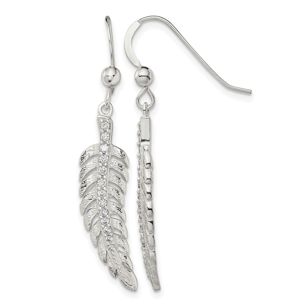 Sterling Silver Textured CZ Feather Shepherd Hook Earrings