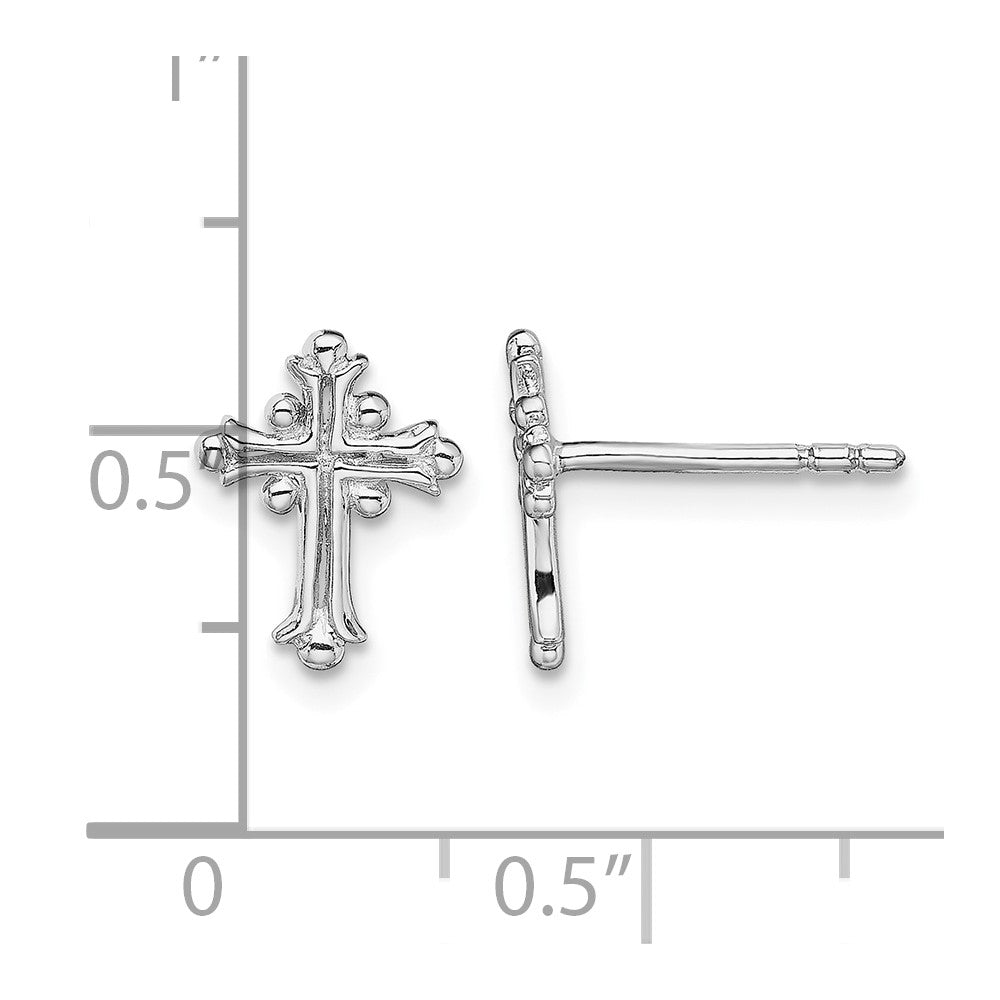 Sterling Silver RH-pltd Polished Textured Budded Cross Post Earrings