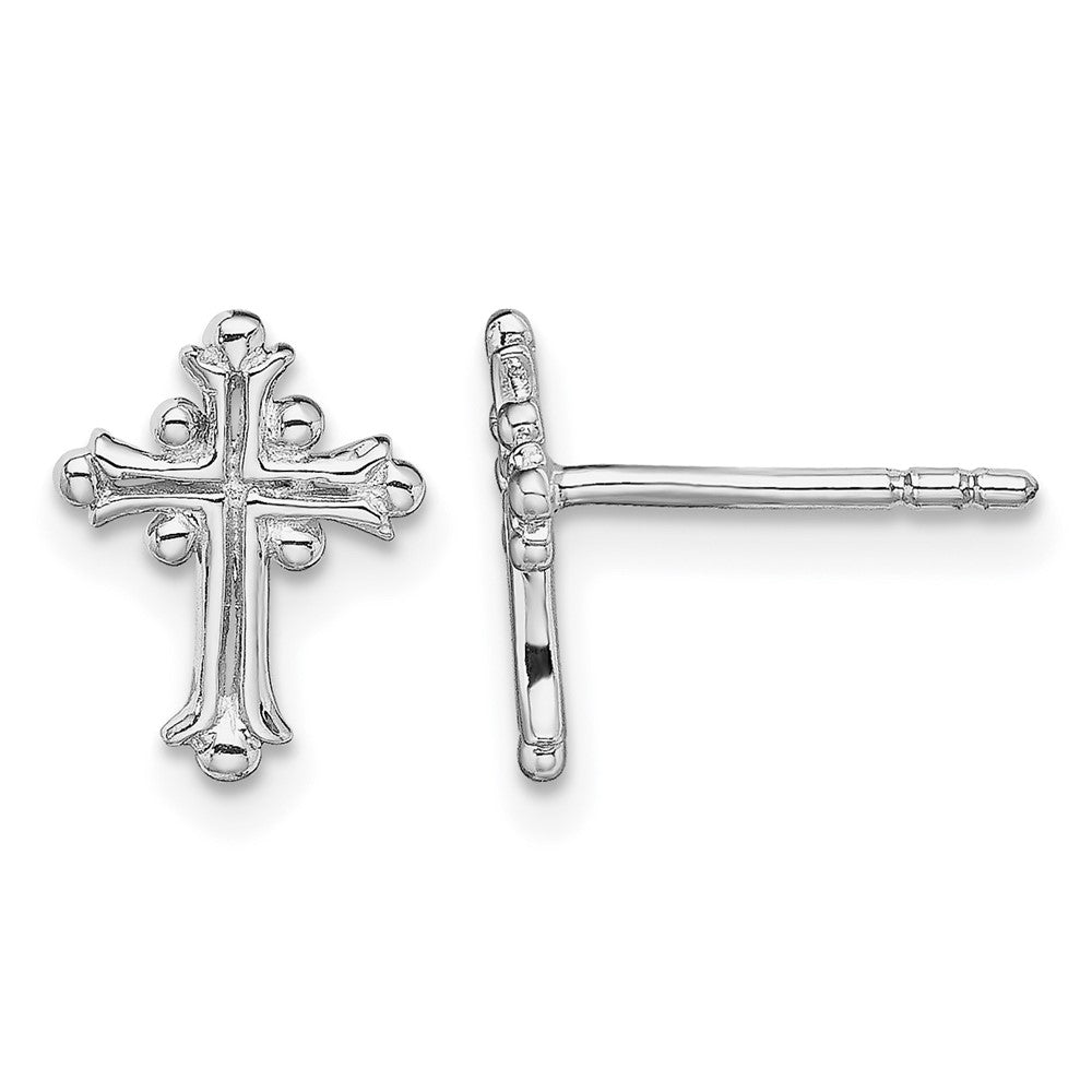 Sterling Silver RH-pltd Polished Textured Budded Cross Post Earrings