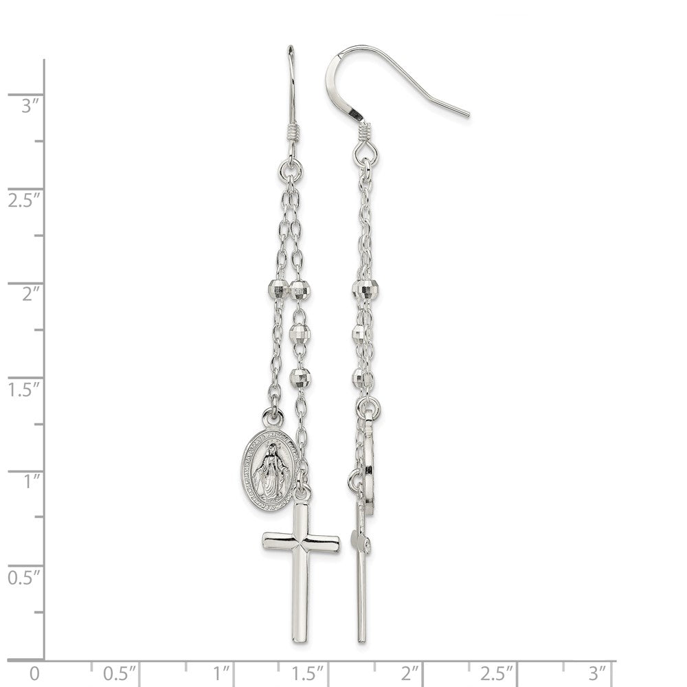 Sterling Silver Polished Miraculous Medal & Cross Dangle Earrings