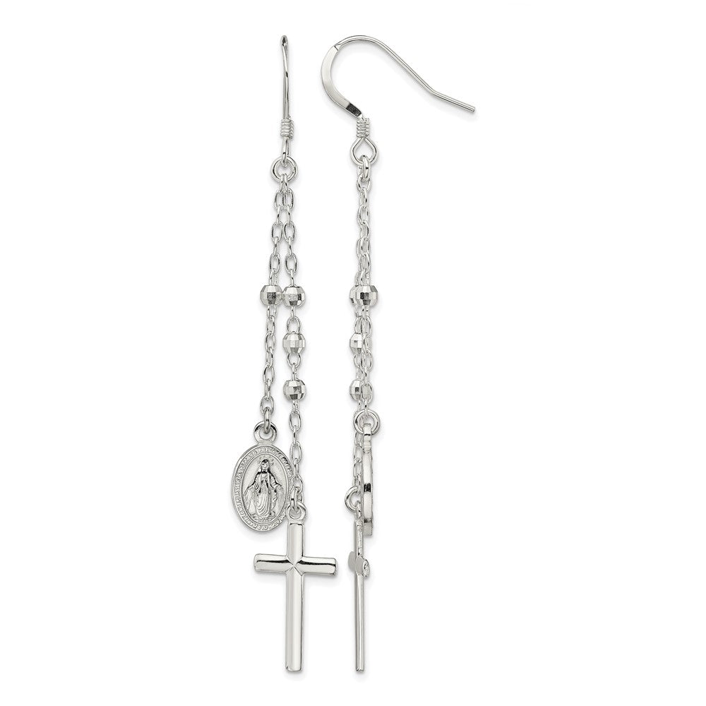 Sterling Silver Polished Miraculous Medal & Cross Dangle Earrings