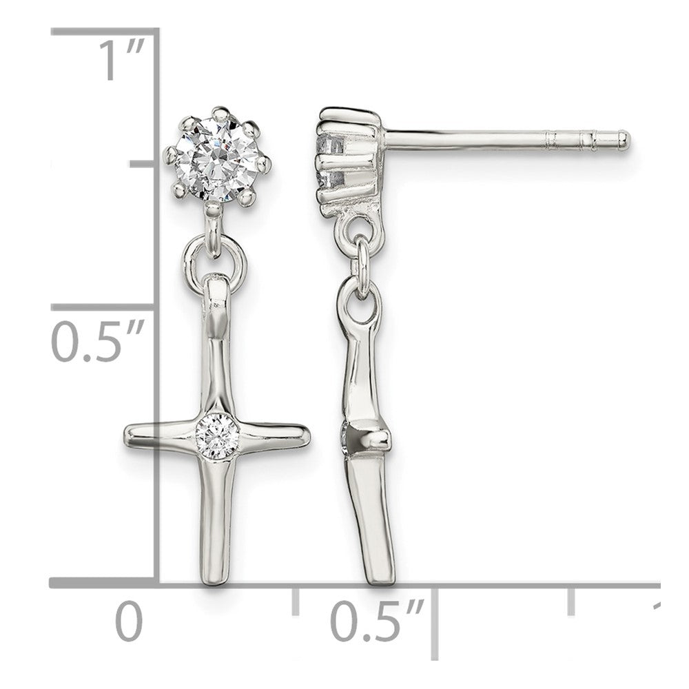 Sterling Silver Polished CZ Cross Post Dangle Earrings
