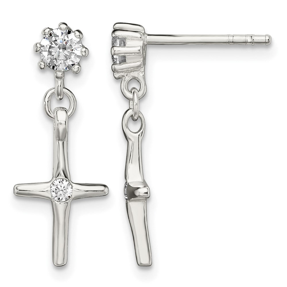 Sterling Silver Polished CZ Cross Post Dangle Earrings