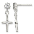Sterling Silver Polished CZ Cross Post Dangle Earrings