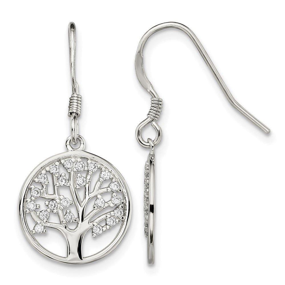 Sterling Silver Rhod-pltd CZ Tree of Life Dangle Shepherd Hook Earrings