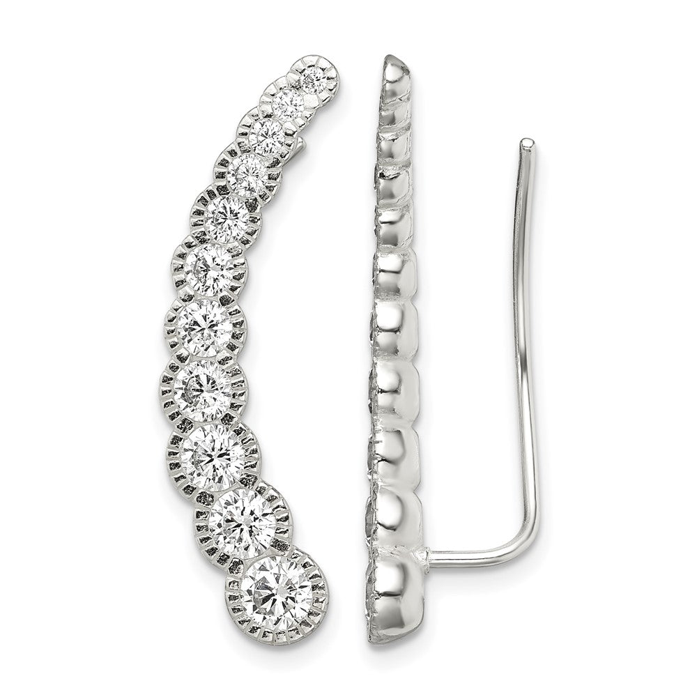 Sterling Silver Polished & Textured Graduated CZ Ear Climber Earrings